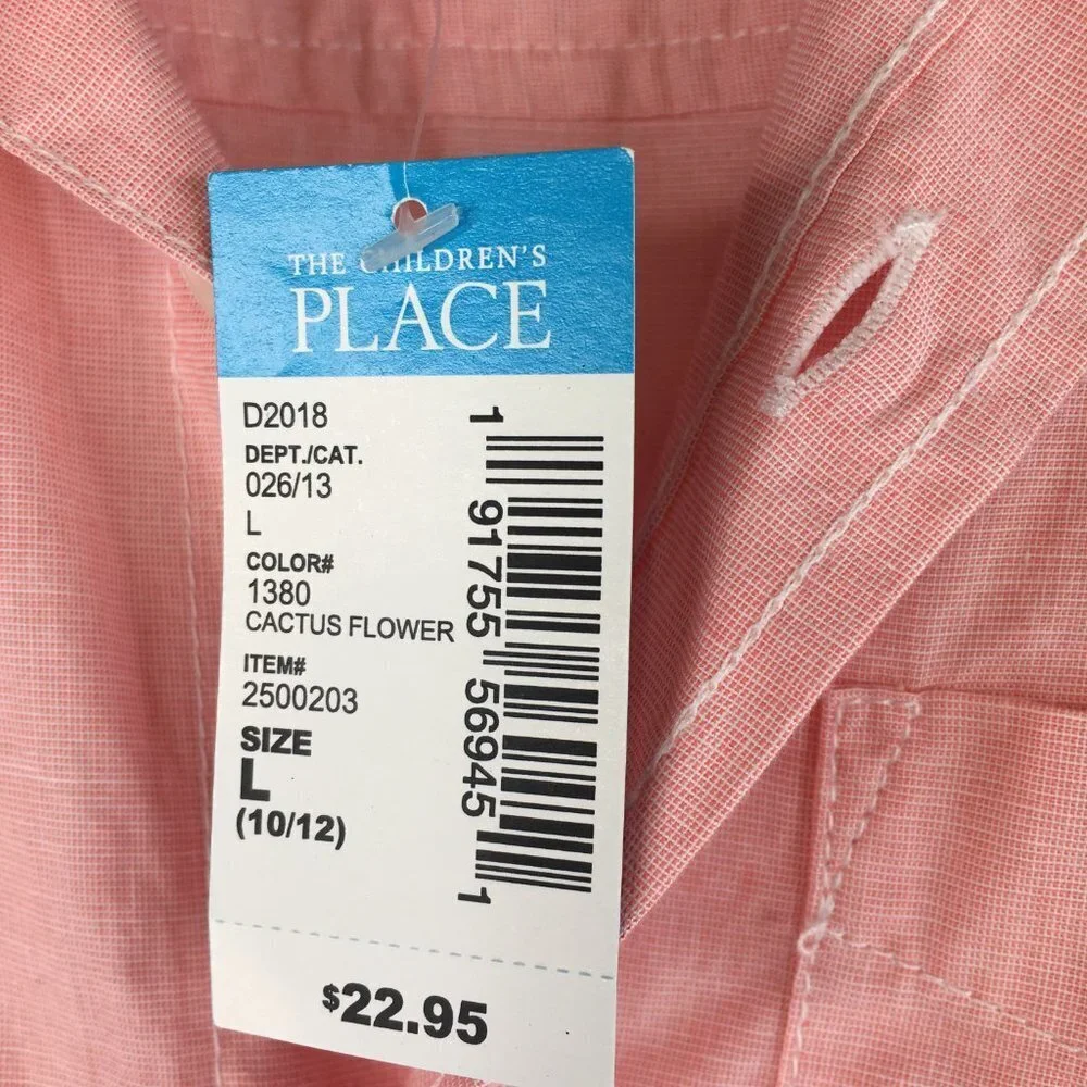 THE CHILDREN'S PLACE Long Sleeve Button Down Pink Shirt Size L. NEW